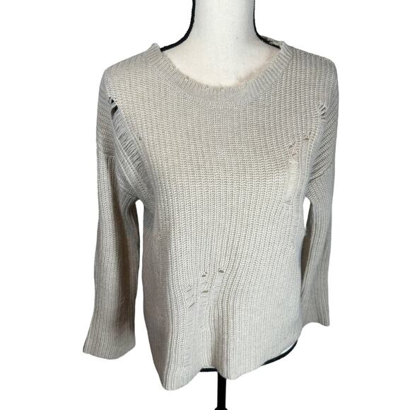 Autumn Cashmere Beige Cashmere Distressed Crew Neck Sweater Medium - Picture 2 of 8